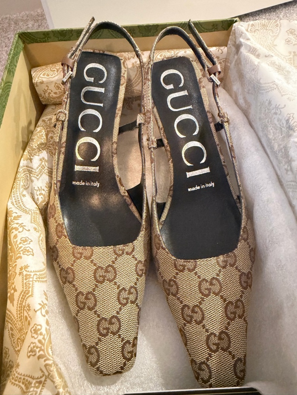 Gucci Brown Monogram Slingback Mules